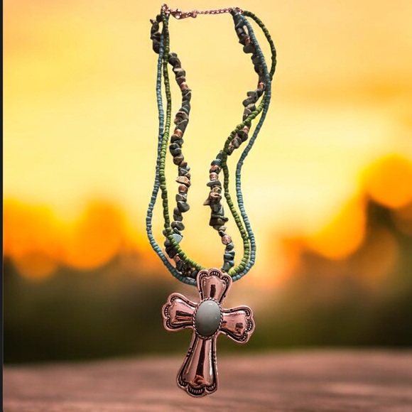 Estate Copper and Green Cross Necklace - Picture 1 of 2